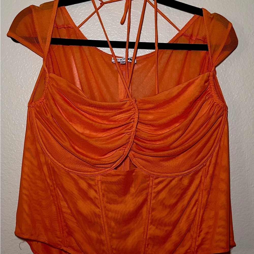Orange Mesh Short Sleeve Top Plus Size - Picture 3 of 4